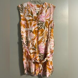 CC California Womens 100% Linen Tropical Orange Shirt Dress Belted Pockets Sz S